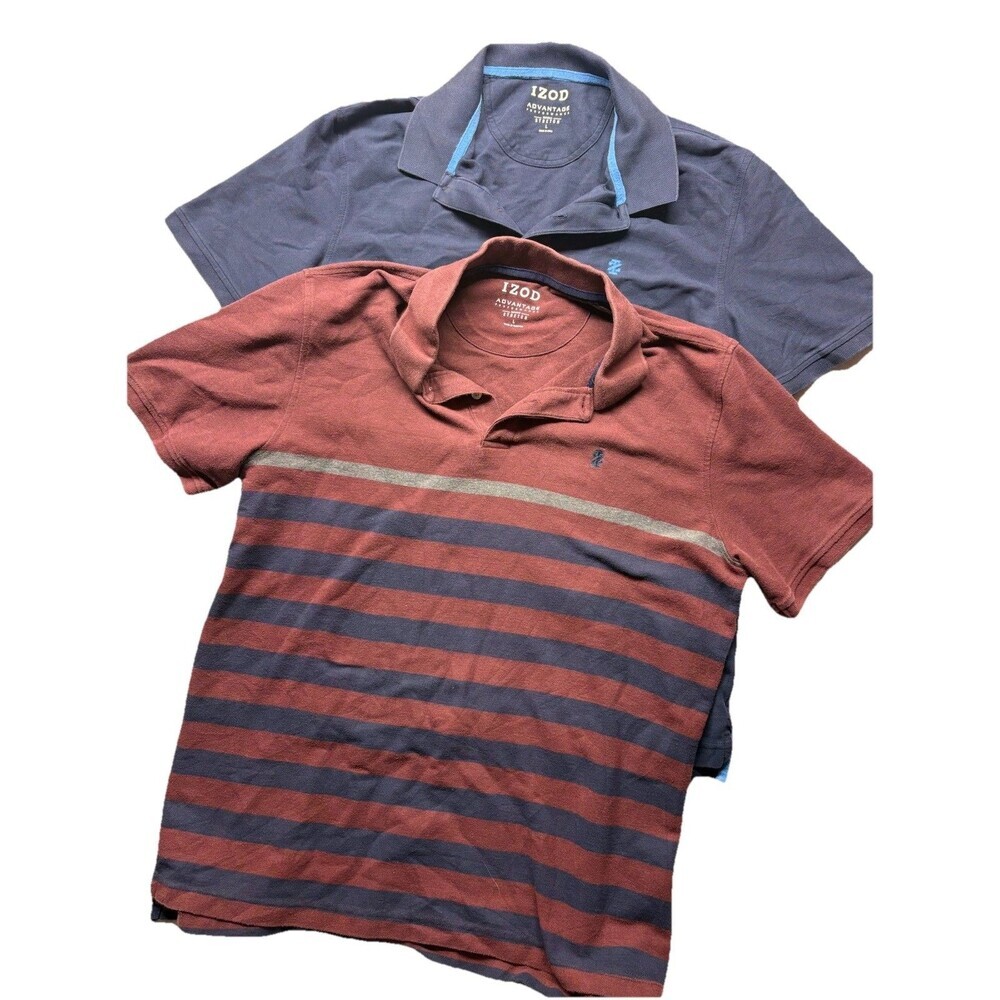 2 Men’s Izod S/S Advantage Performance Striped Polo Shirts Blue Red Size L